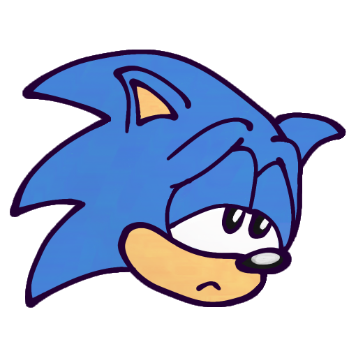  A drawing of Sonic the Hedgehog’s head, in lieu of an emoji, with a sad, dejected expression: His head is downturned, his eyelids are drooped and his brows are lowered, his mouth is a small frown, and his ears are flopped over sadly instead of being upright like usual. Sonic the Hedgehog is an anthropomorphic hedgehog with blue quills on most of his body and tan fur on his muzzle and inner ears. He has big eyes that are conjoined by the sclera in the center. His quills are stylized into long arcs with pointed ends, so his silhouette appears to have three distinct spines growing out of the back of his head. Sonic is seen with his “Classic” design, sporting lighter blue quills, shorter spines and an overall more rounded appearance, and eyes with no irises, simply being black ellipses with white shines.